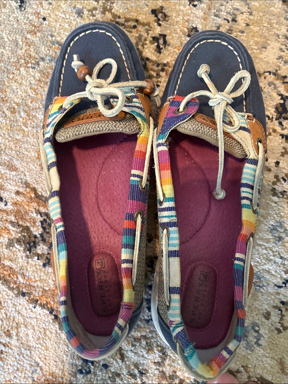 Sperry Navy Canvas Moccasins with Multicolor Stripe Trim
